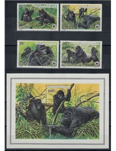 RWANDA 1985 WWF, gorillas 4v + 1 s/s MNH**