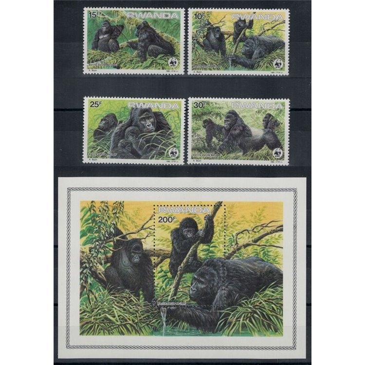 RWANDA 1985 WWF, gorillas 4v + 1 s/s MNH**