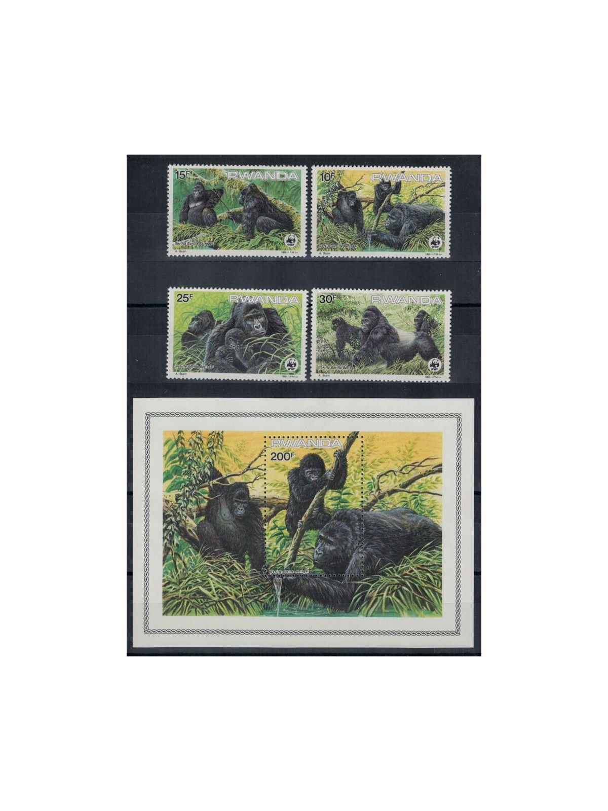 RWANDA 1985 WWF, gorillas 4v + 1 s/s MNH**