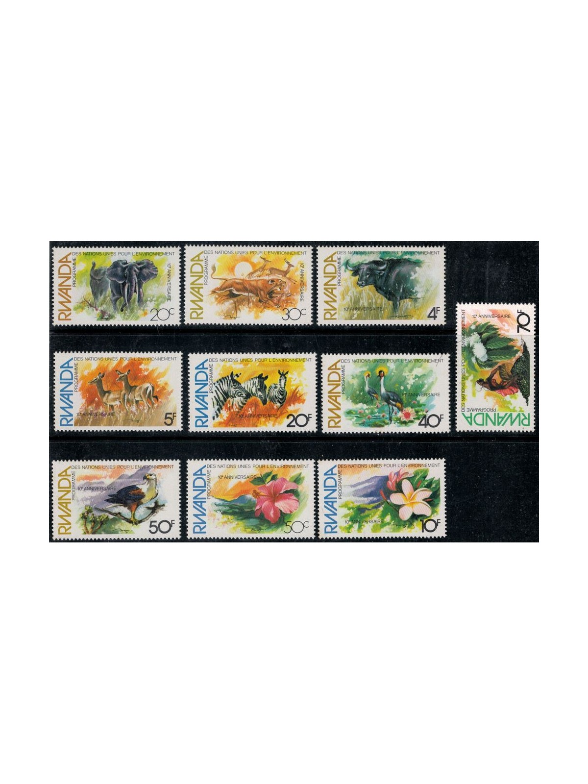RUANDA 1982 Anniversario programma Onu, flora e fauna 10v MNH**