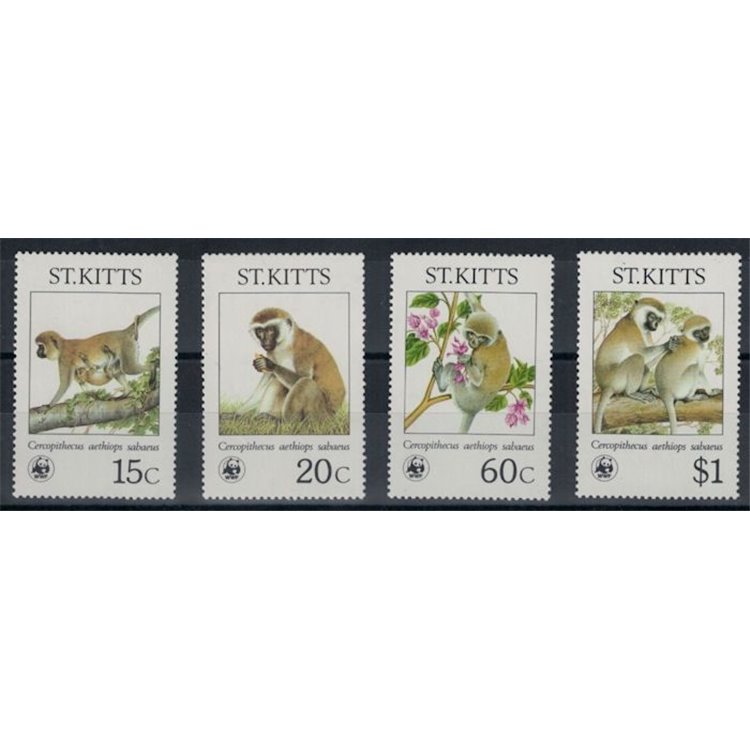 ST. KITTS 1986 WWF, Green Monkey 4v MNH**