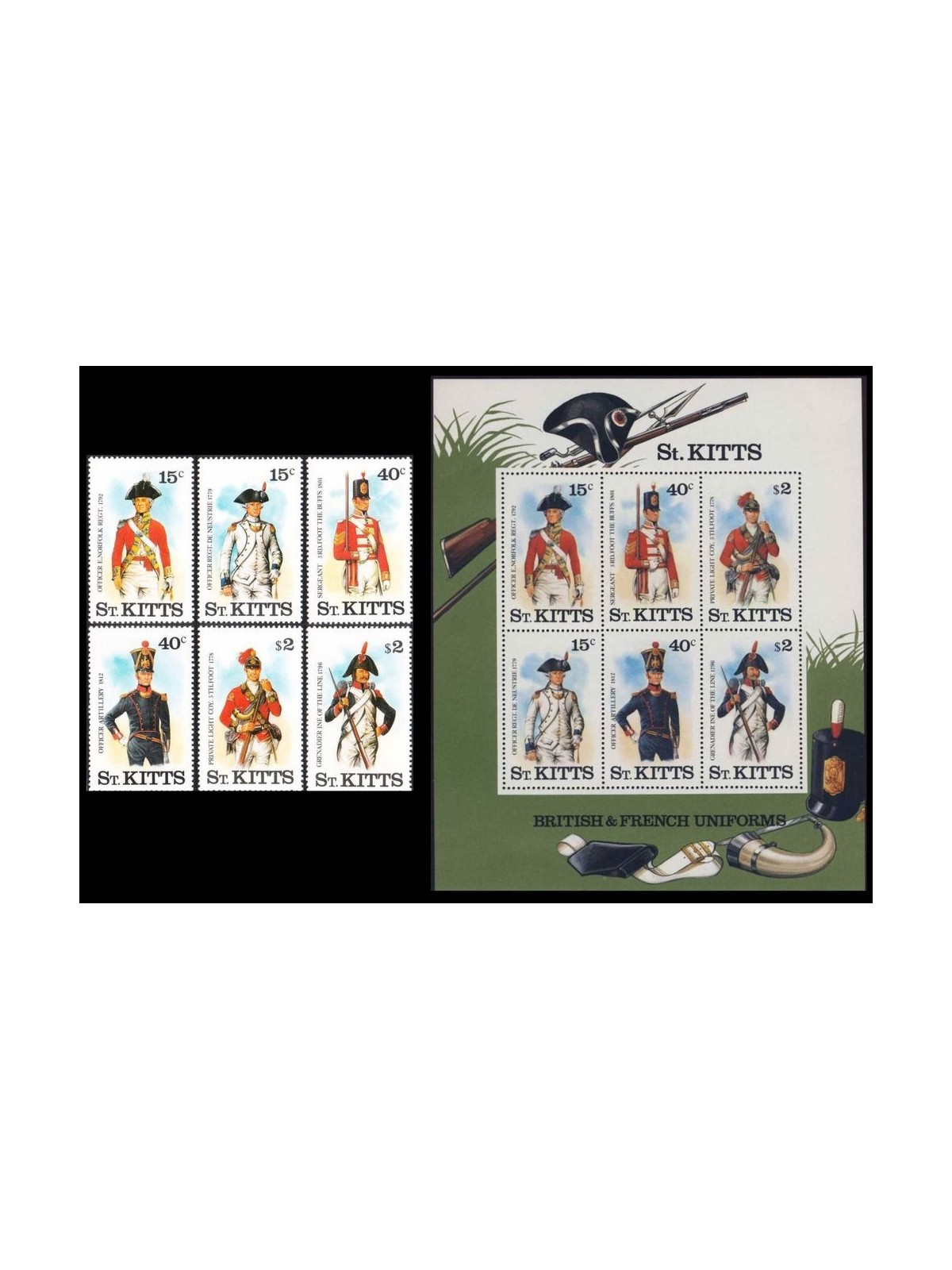 ST. KITTS 1987 Uniformi militari - Military uniforms 6v + 1 BF MNH**
