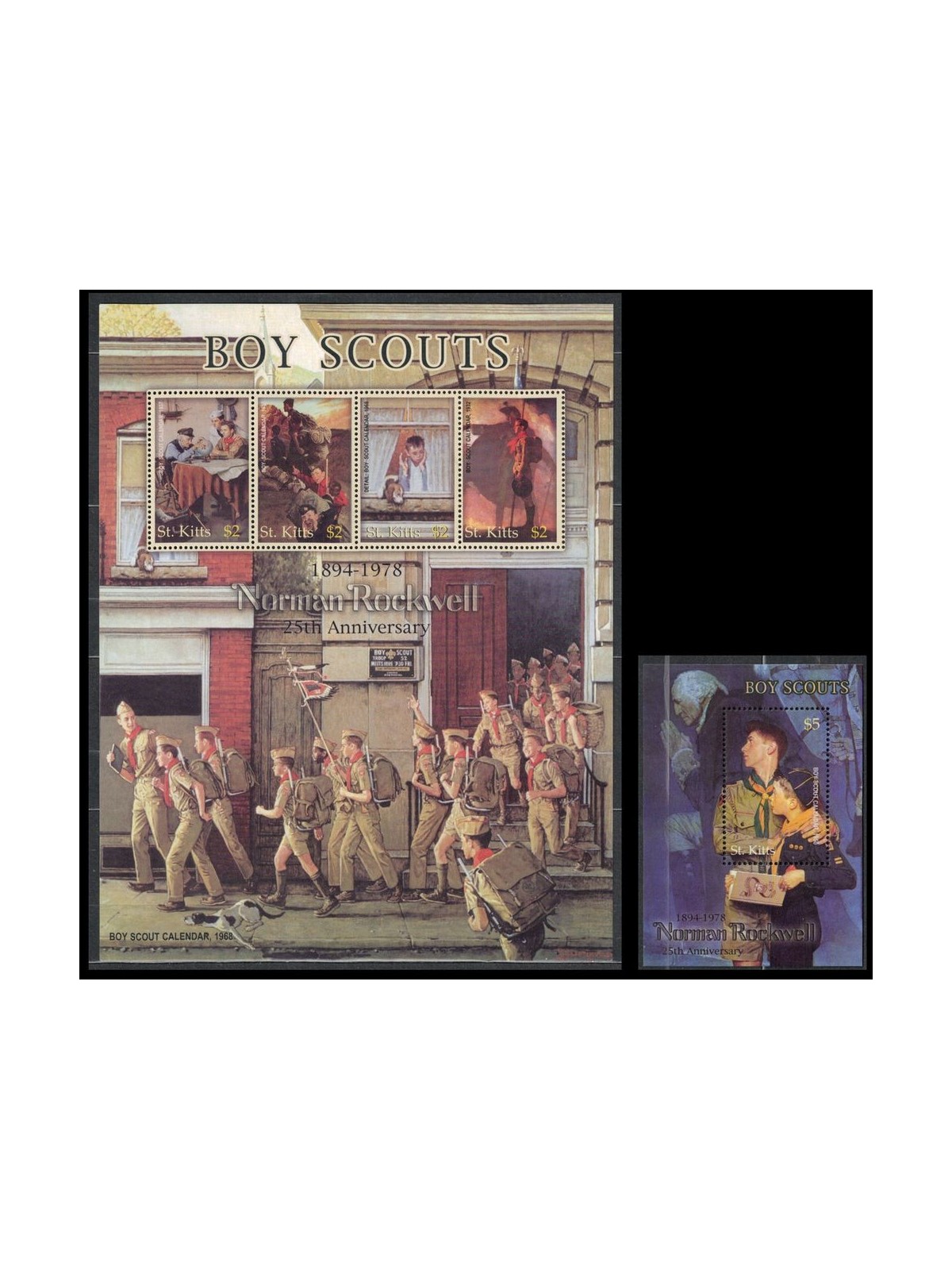 ST. KITTS 2003 Norman Rockweel, scouting 4v + 1 BF MNH**