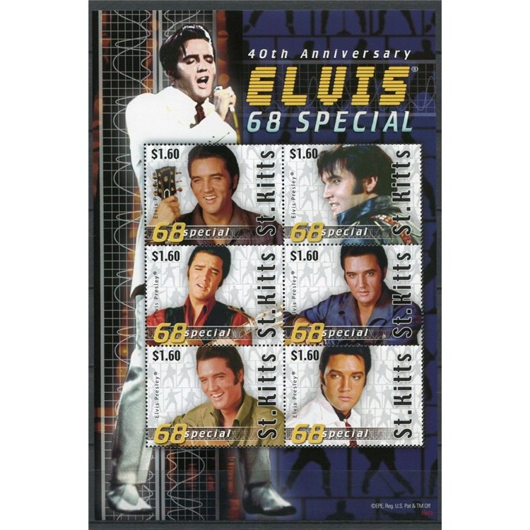 ST. KITTS 2008 Elvis Presley, 68 special 6v in foglietto MNH**