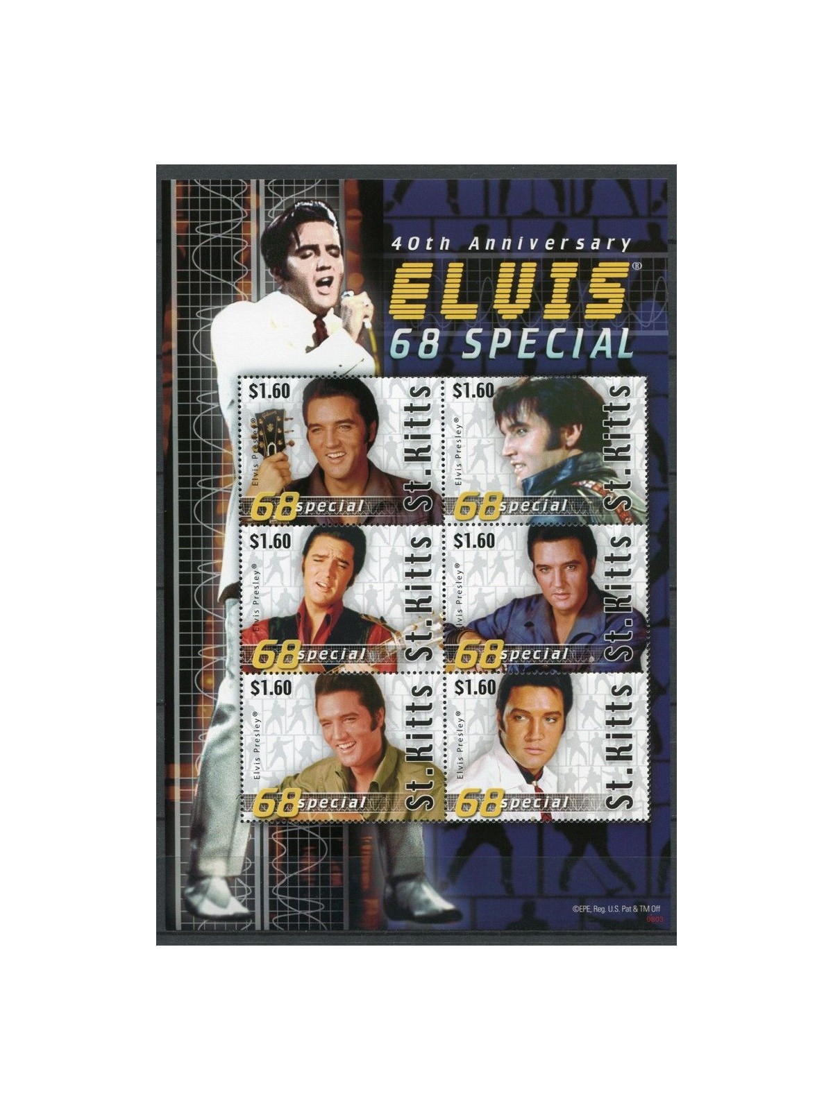 ST. KITTS 2008 Elvis Presley, 68 special 6v in foglietto MNH**