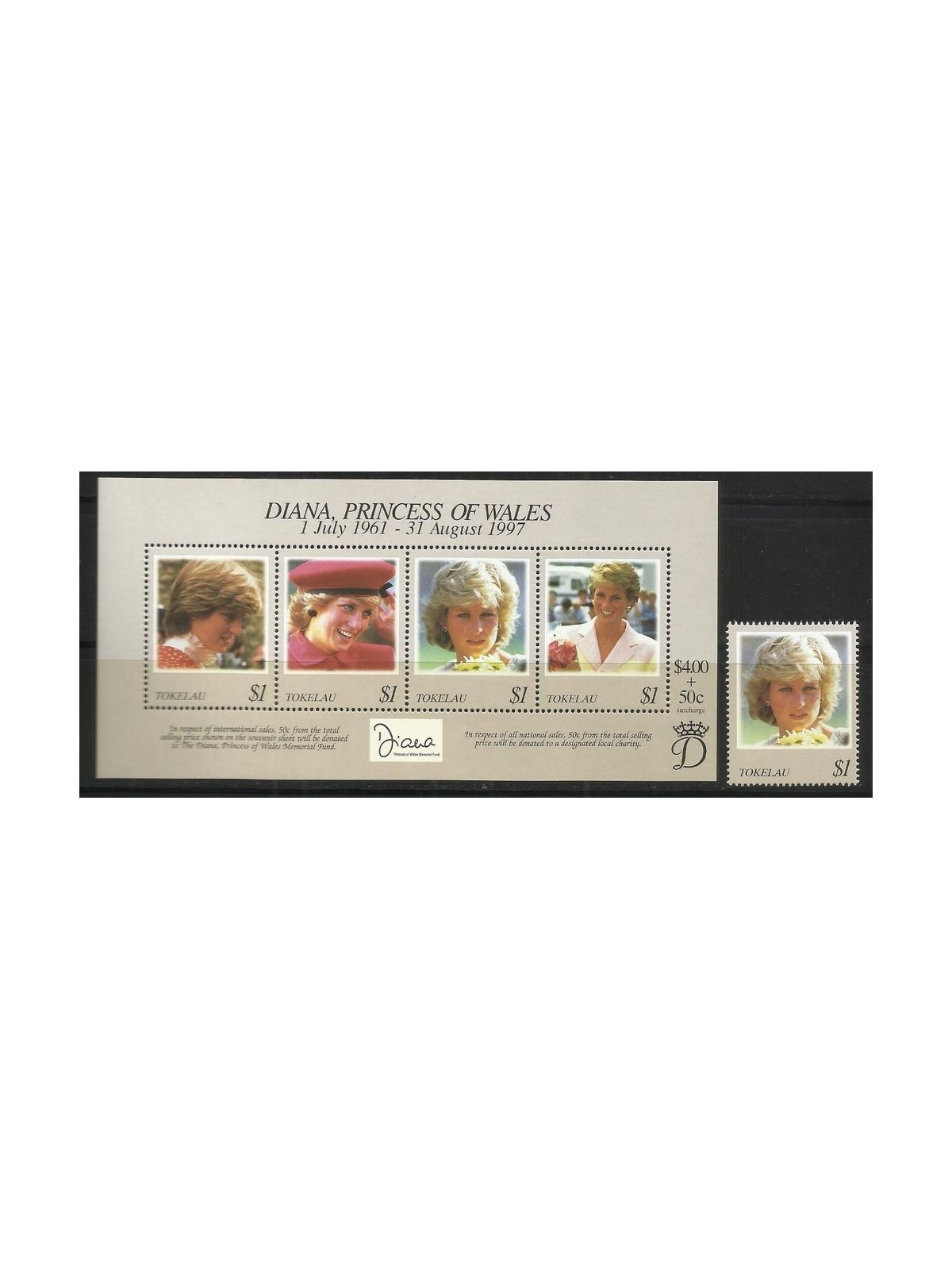 TOKELAU 1998 Death of Diana 1v + 1 s/s MNH**