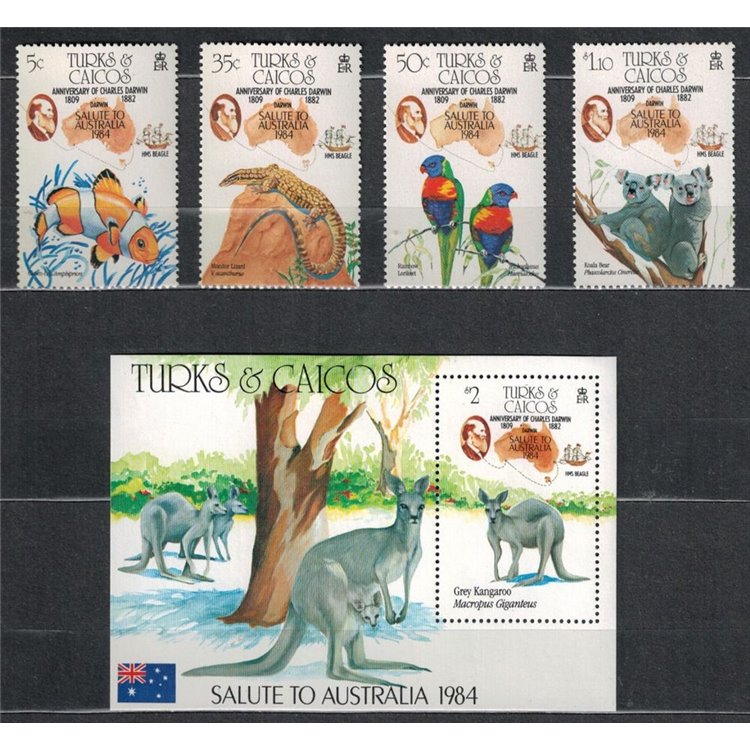 TURKS AND CAICOS 1984 Charles Darwin 4 v + 1 s/s