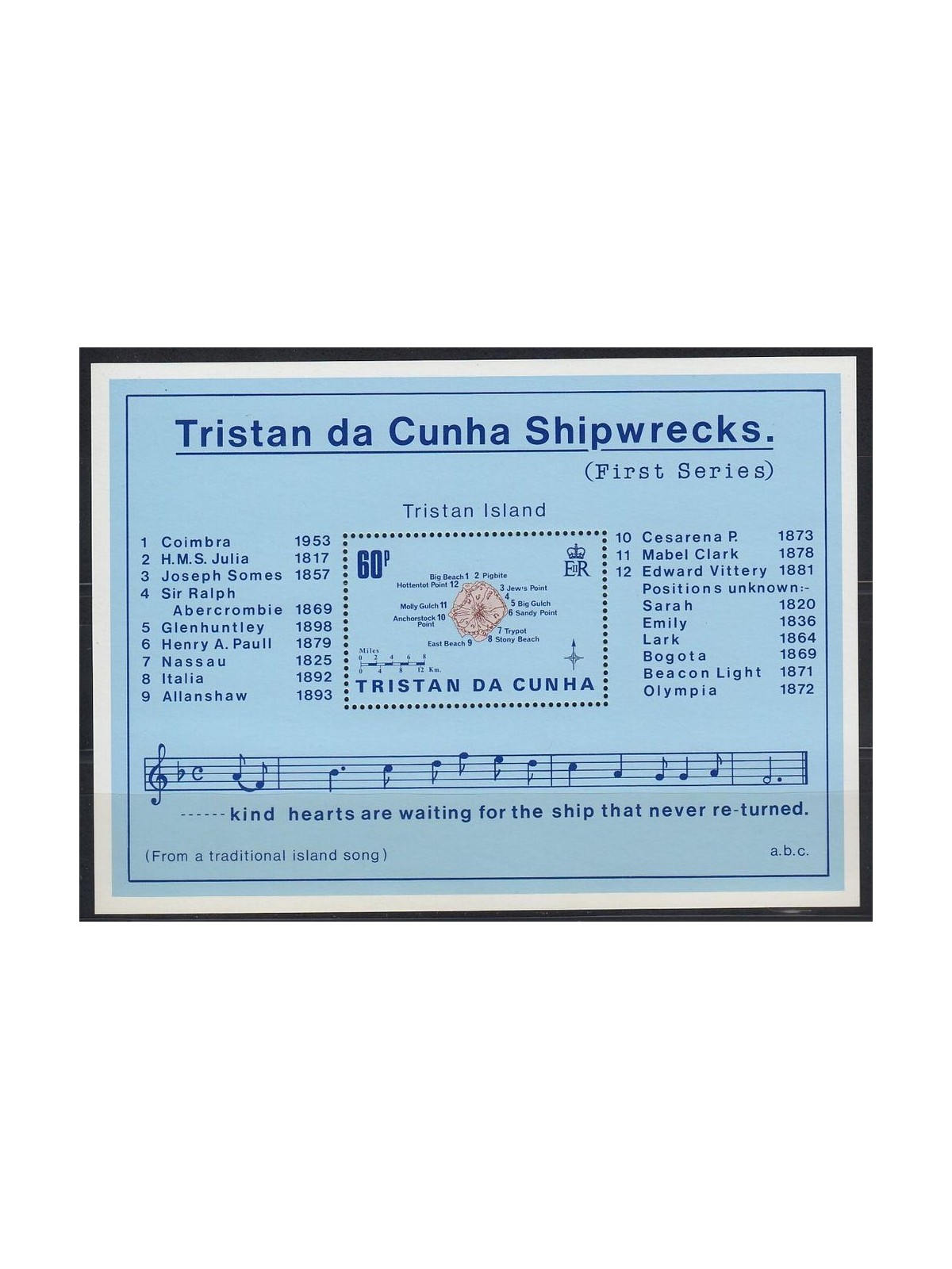 TRISTAN DA CUNHA 1985 Ship wrecks map 1 foglietto MNH**