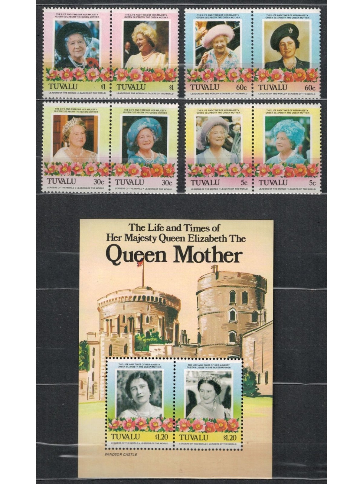 TUVALU 1985 Queen mother 4x2v + 1 BF MNH**
