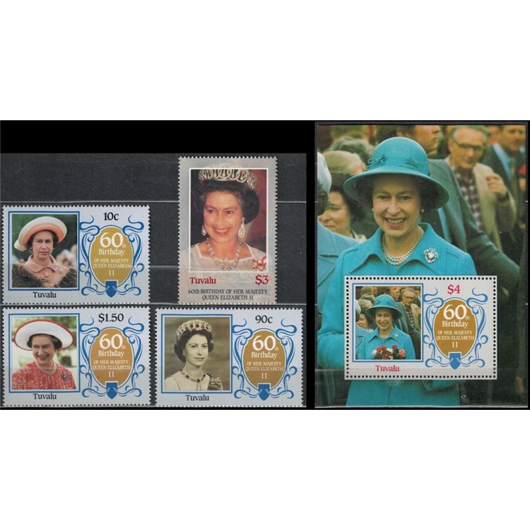 TUVALU 1986 Queen 60th birthday 4v + 1 s/s MNH**
