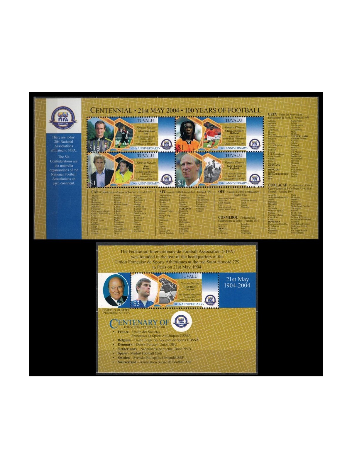 TUVALU 2004 FIFA centenary 4v + 1 BF MNH**
