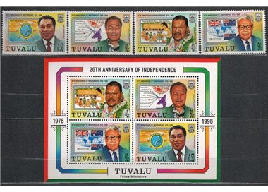 TUVALU 1998 20 years independence 4v + 1 s/s MNH**
