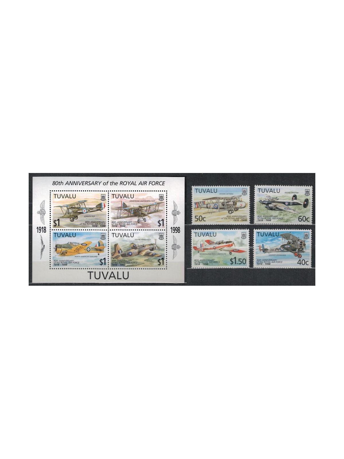 TUVALU 1998 80 years R.A.F. 4v + 1 BF MNH**