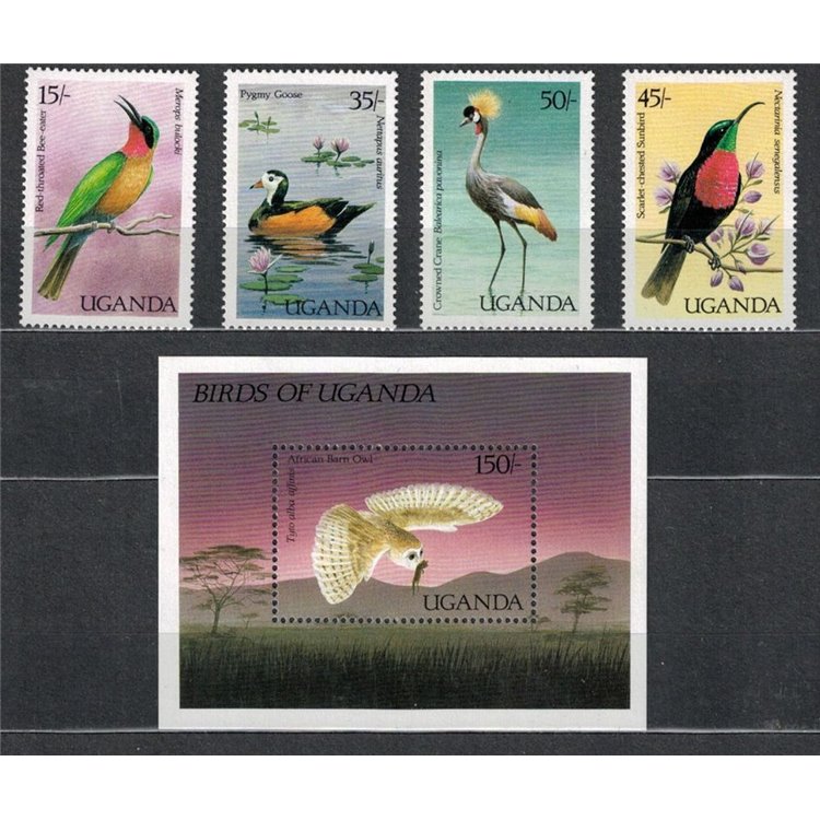 UGANDA 1987 Birds 4 v + 1 s/s