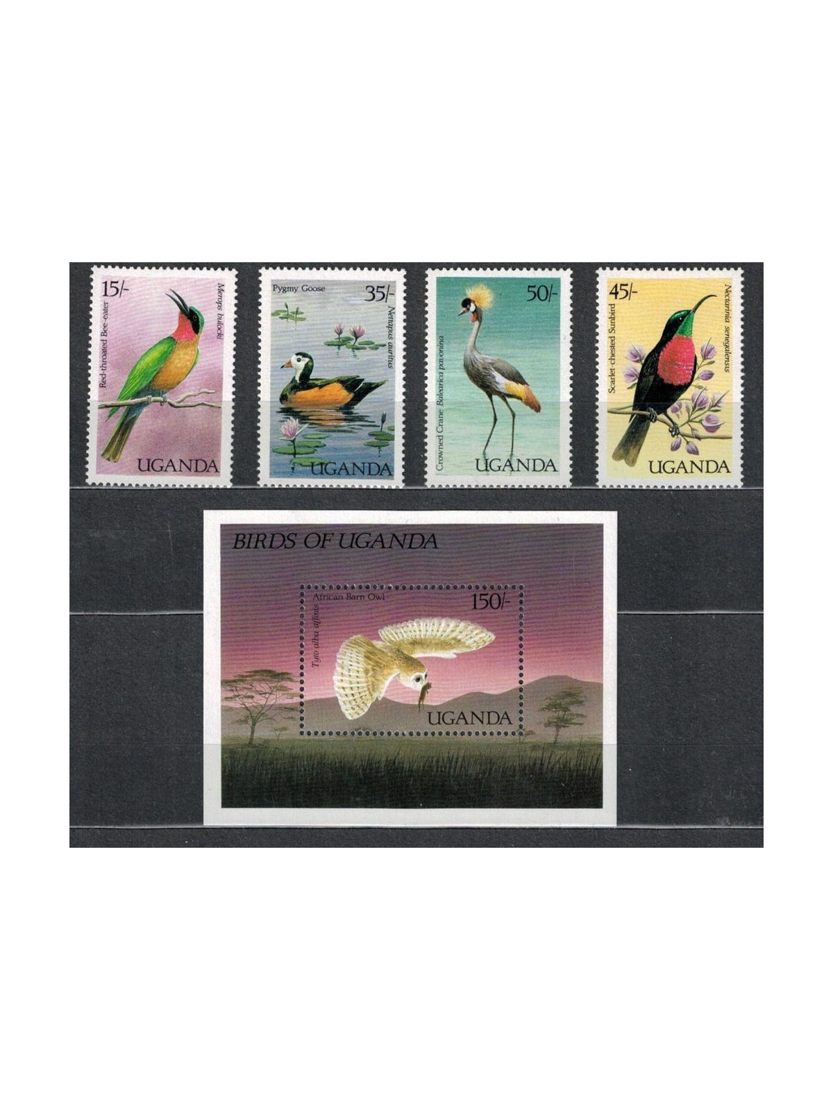 UGANDA 1987 Birds 4 v + 1 s/s