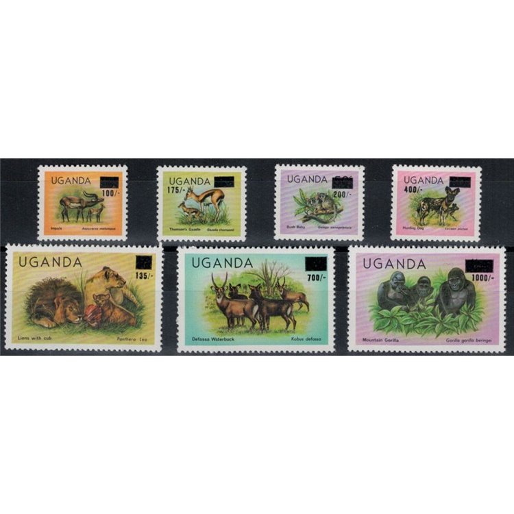 UGANDA 1983 Animali, sovrastampati 7v MNH**