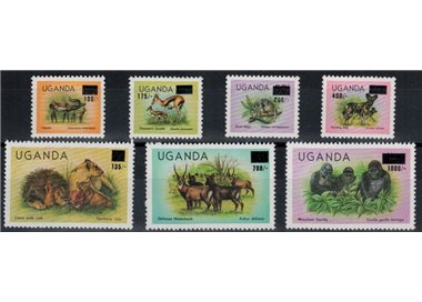 UGANDA 1983 Animali, sovrastampati 7v MNH**