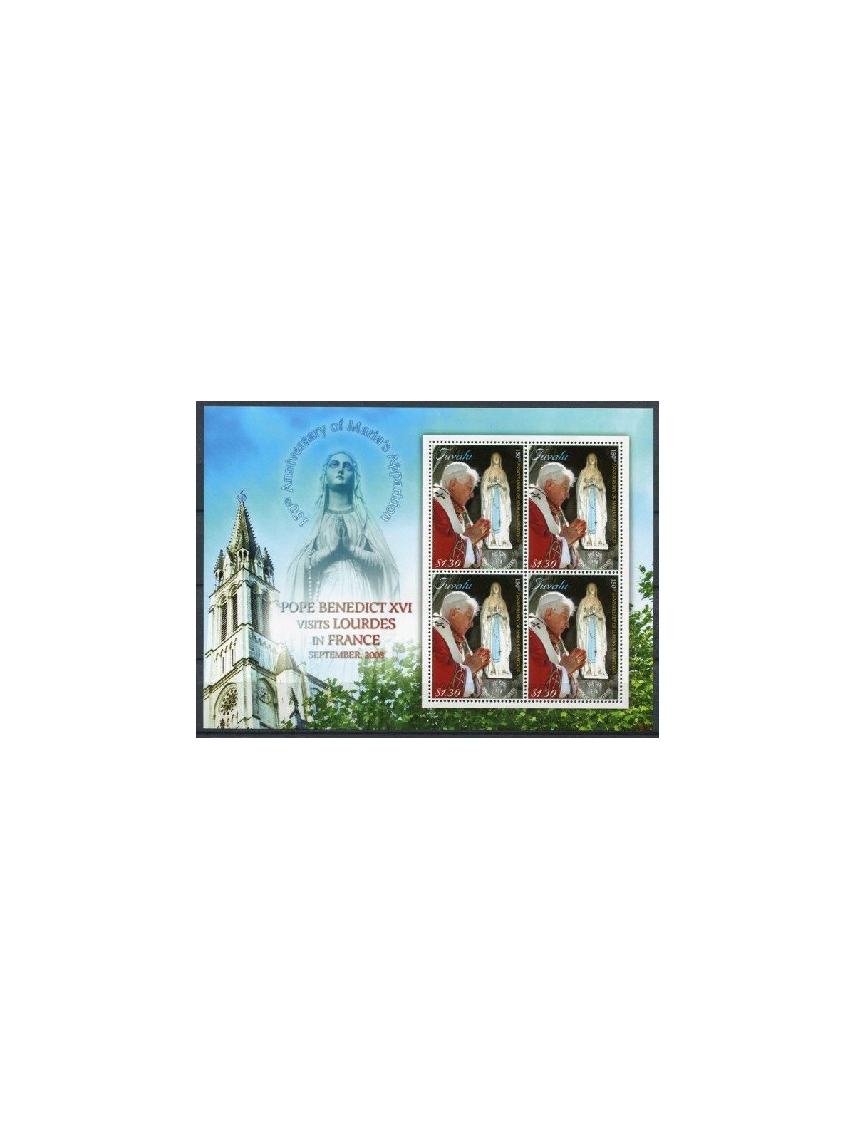 TUVALU 2008 Pope Benedict XVI, Lourdes 4v MNH**
