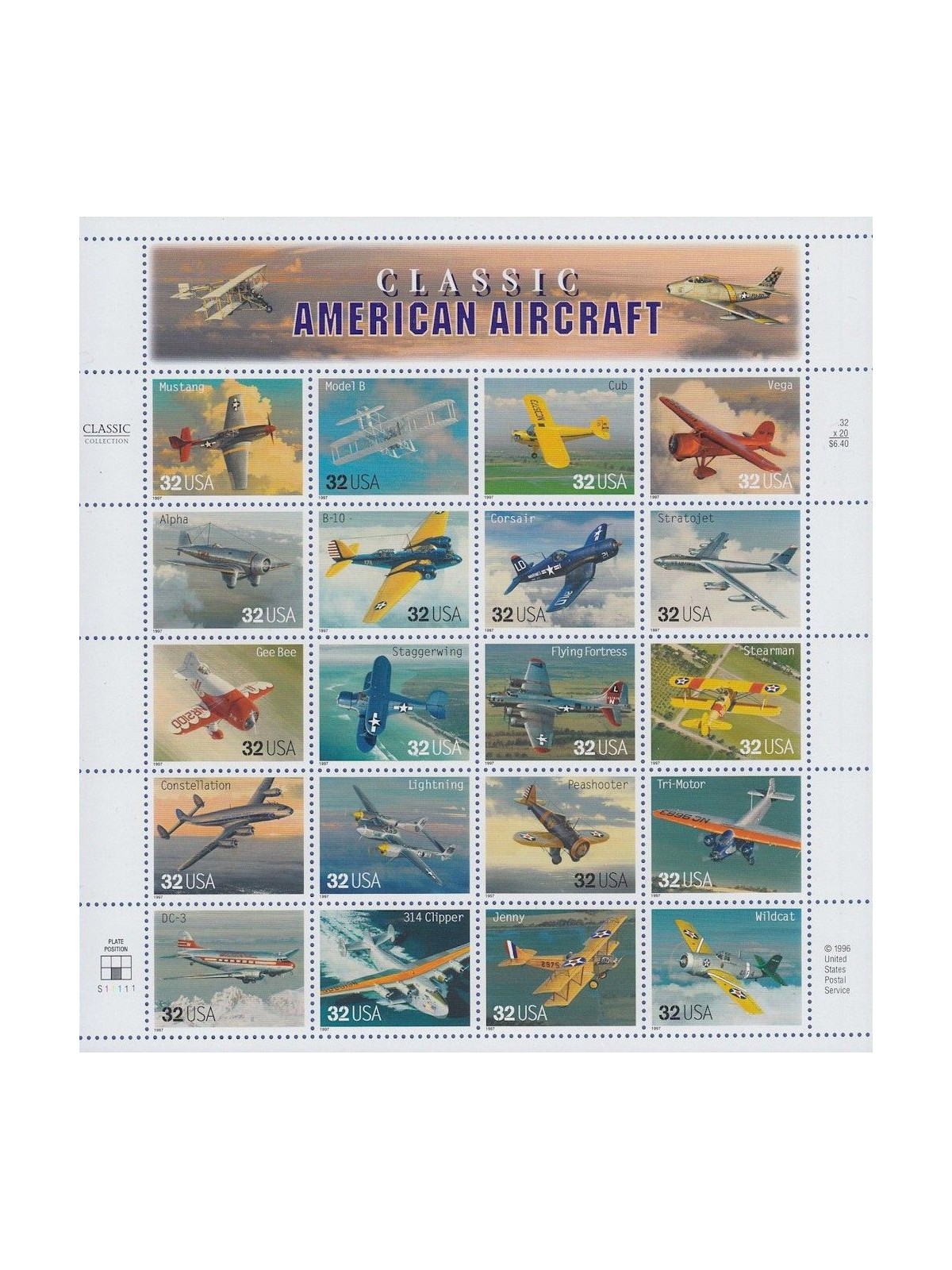 USA 1997 Classic American Planes 20v MNH**