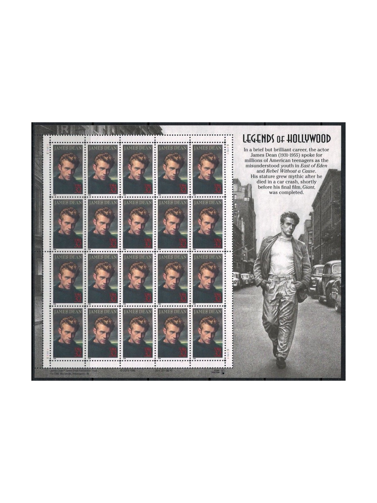 USA 1996 Legends of Hollywood (James Dean) m/s MNH**