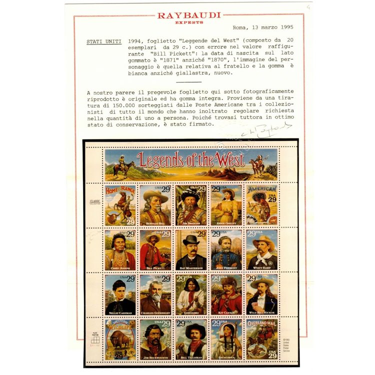USA 1994 Leggende del west (con errore) 20v MNH** ©