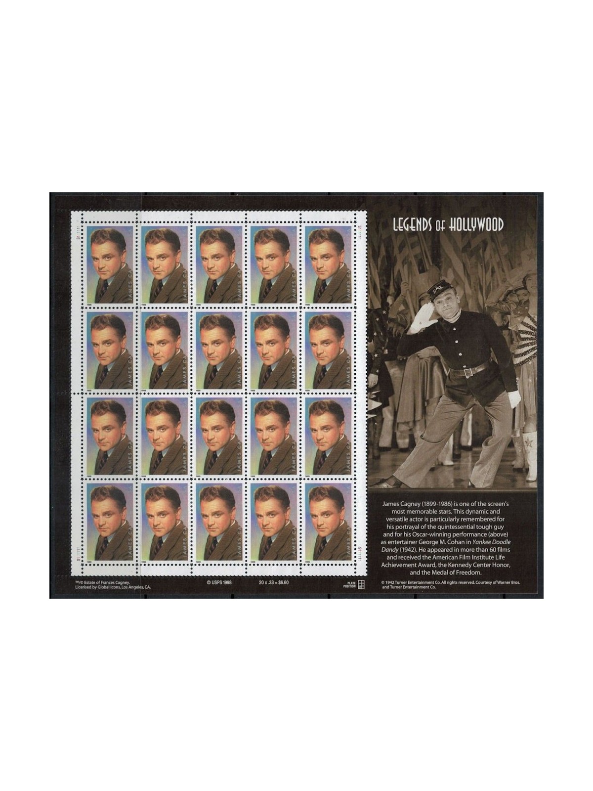 USA 1999 Legends of Hollywood (James Cagney) m/s MNH**