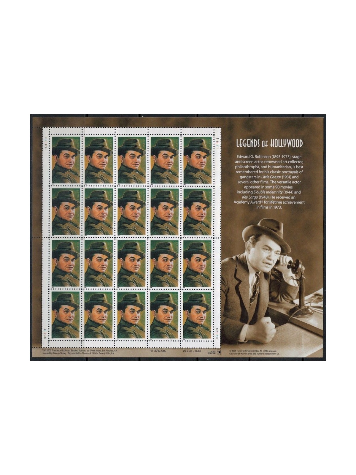 USA 2000 Legends of Hollywood (Edward G. Robinson) m/s MNH**