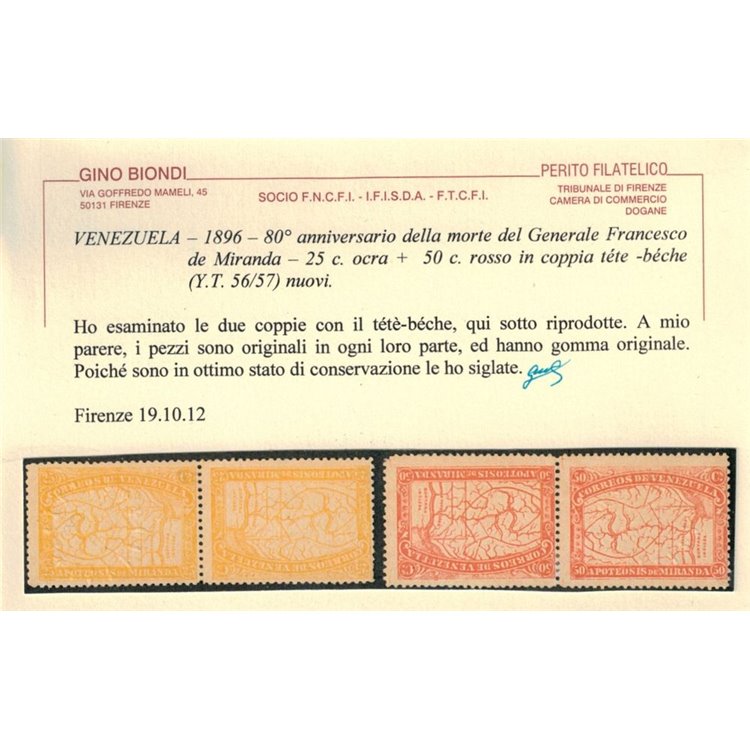 VENEZUELA 1896 25c ocra + 50c rosso Tête-bêche 4v MH* ©