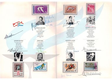 Folder Bolaffi Gli Olimpionici firmano Telethon, firme autografe dei campioni