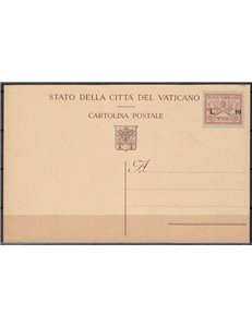 VATICANO 1947 Provvisorie £10 su 75c carminio, cartolina nuova