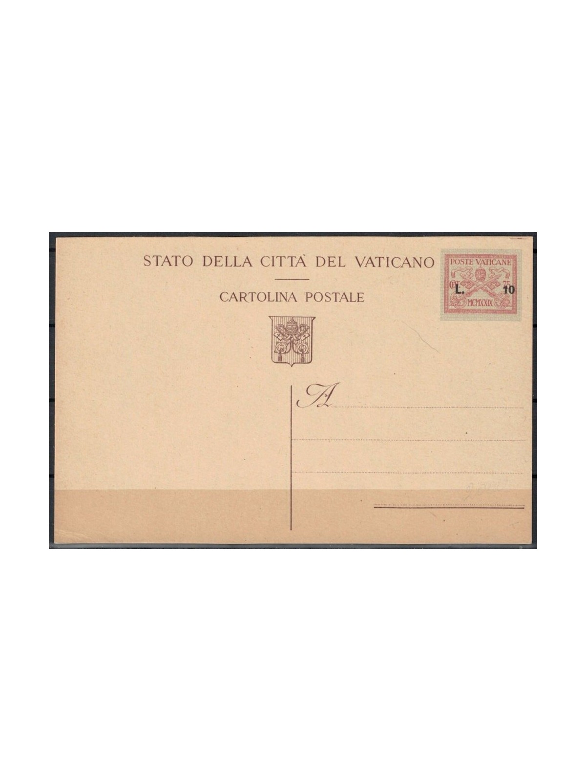 VATICANO 1947 Provvisorie £10 su 75c carminio, cartolina nuova
