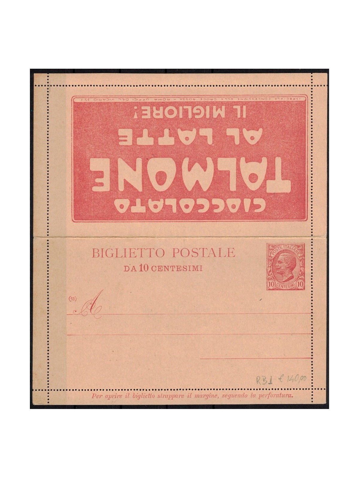 BIGLIETTO POSTALE PUBBLICITARIO (Cioccolato Talmone) 10c Leoni