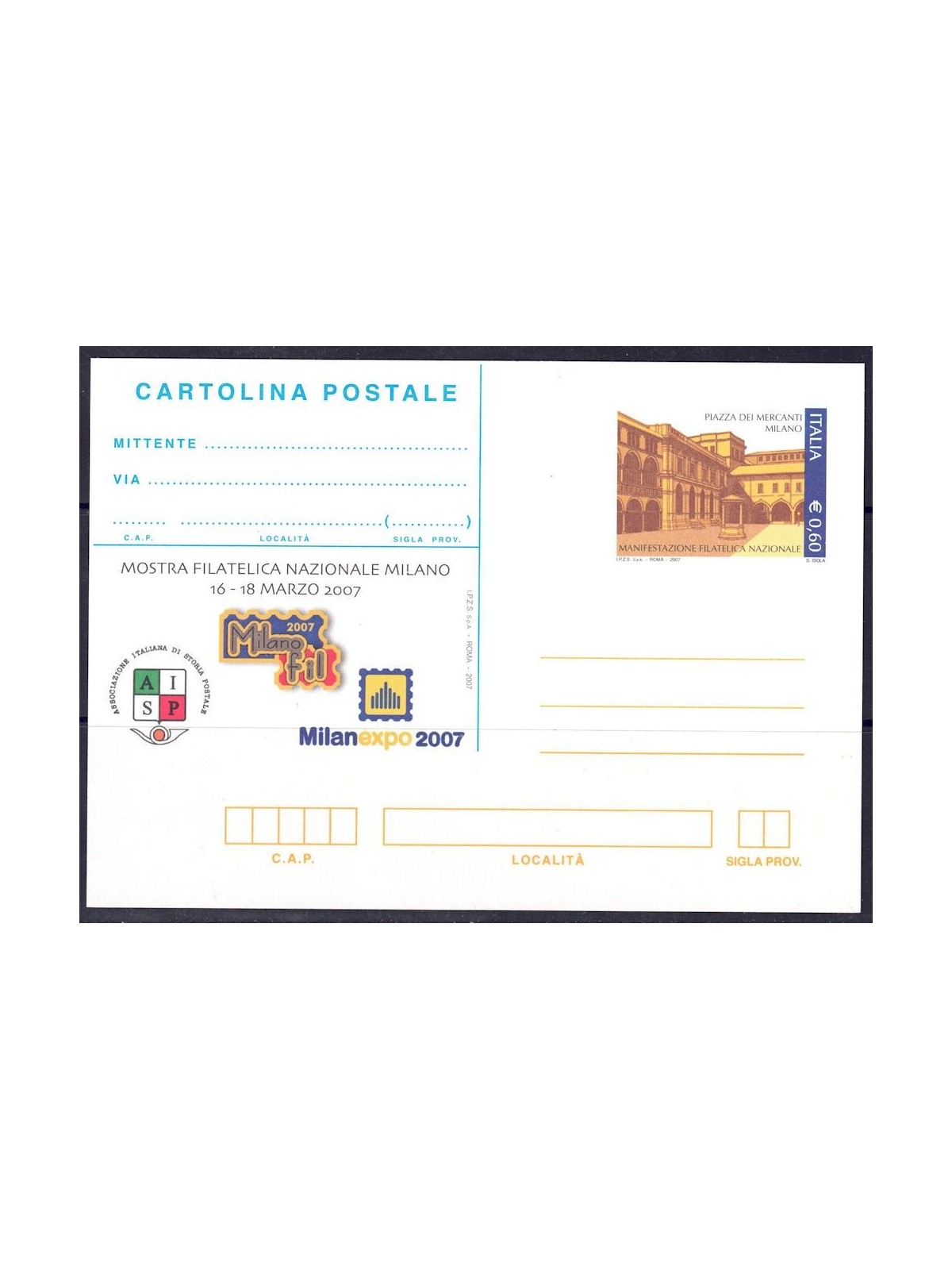 ITALIA 2007 MILANOFIL, Cartolina Postale nuova