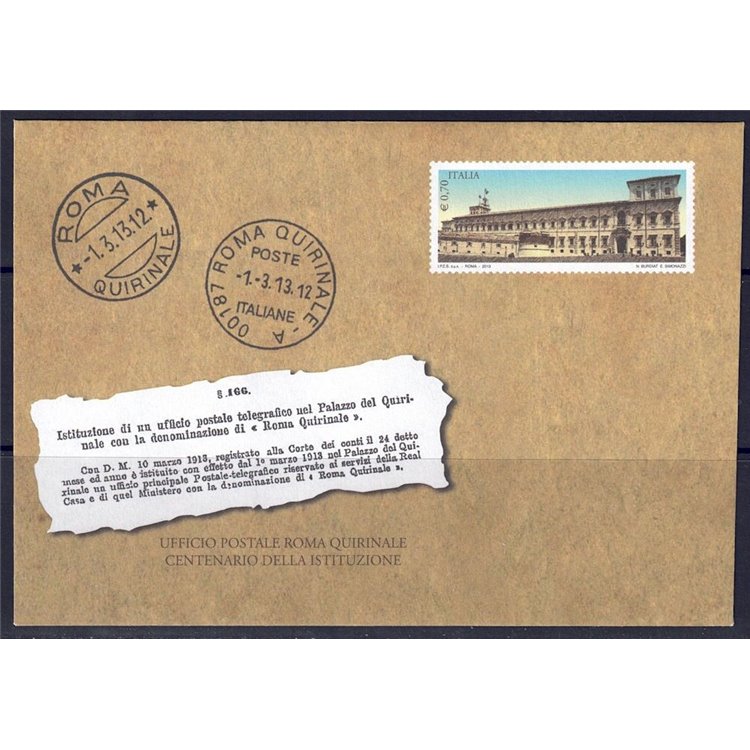 ITALY 2013 QUIRINALE, New Postal Envelope