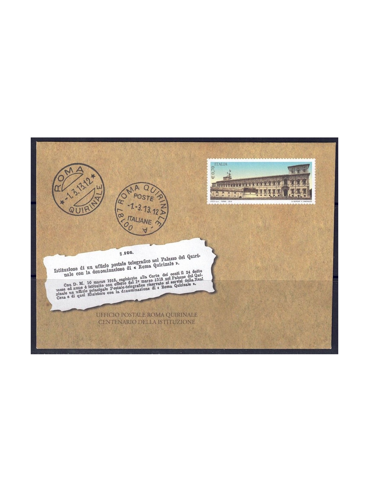 ITALY 2013 QUIRINALE, New Postal Envelope