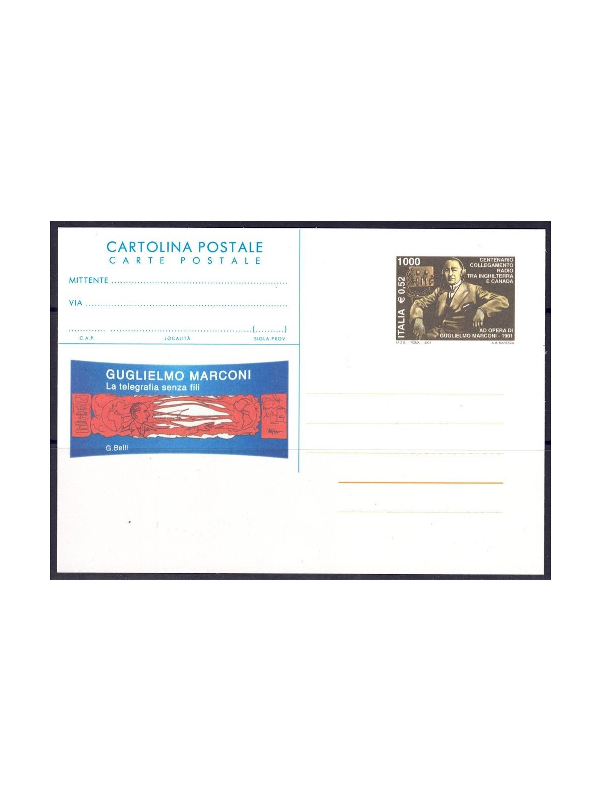 ITALIA 2001 GUGLIELMO MARCONI, Cartolina Postale nuova