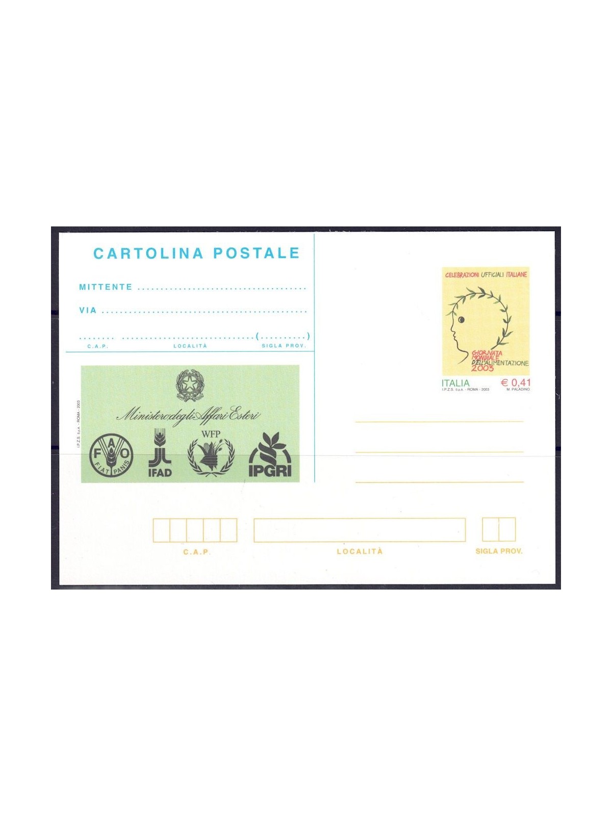 ITALIA 2003 ALIMENTAZIONE, Cartolina Postale nuova