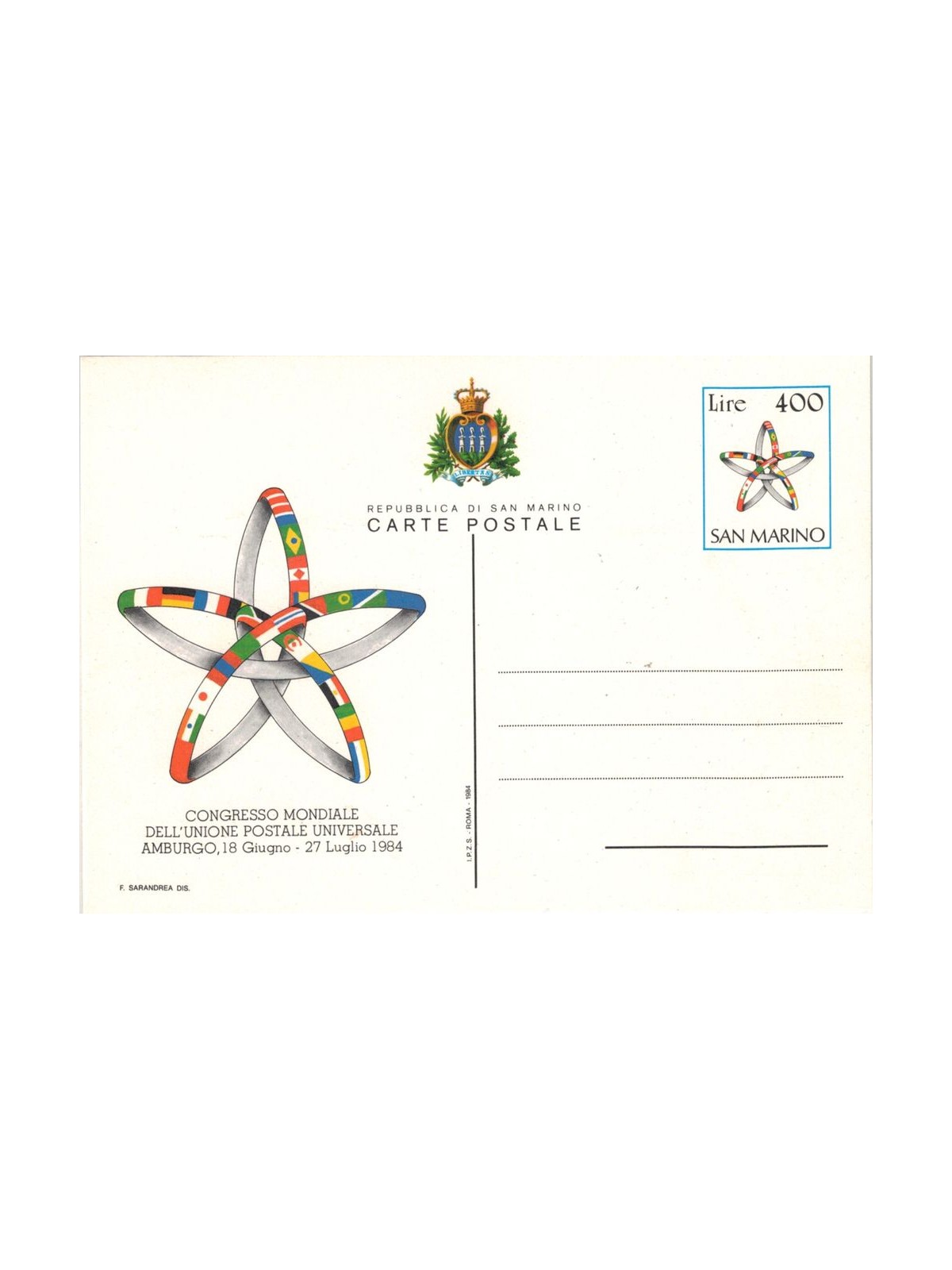 SAN MARINO 1984 Congresso UPU 1 Cartolina Postale nuova
