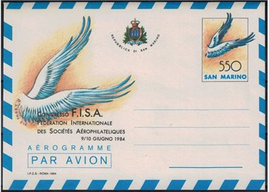 SAN MARINO 1984 FISA, Aerophilia Congress, new aerogram