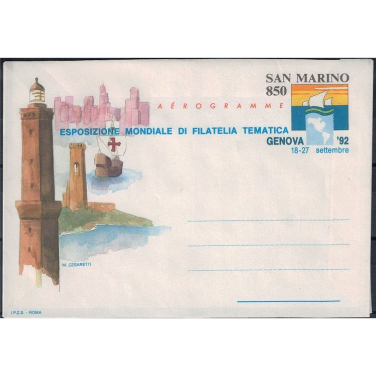 SAN MARINO 1992 Filatelia tematica, aerogramma nuovo