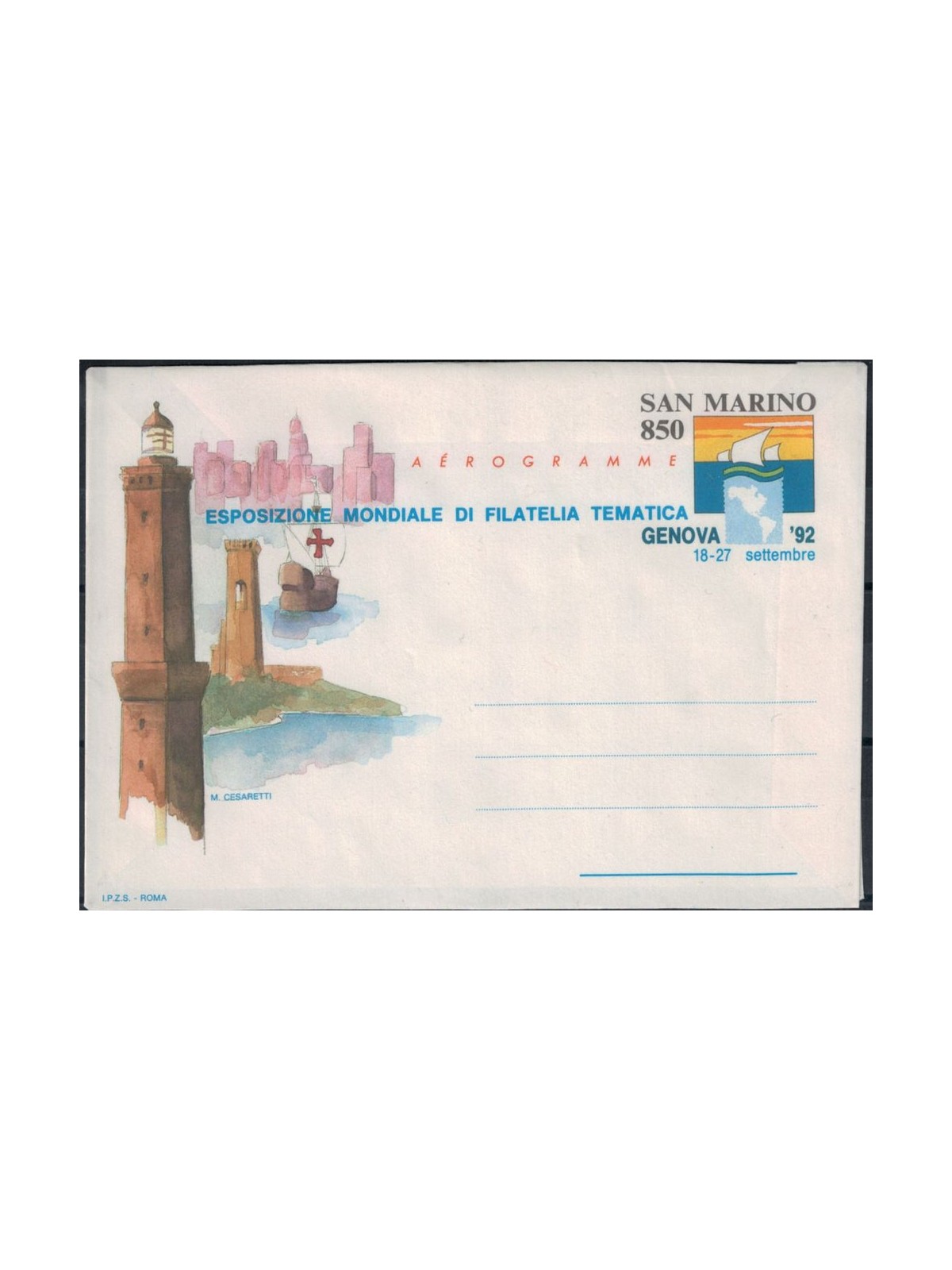 SAN MARINO 1992 Filatelia tematica, aerogramma nuovo