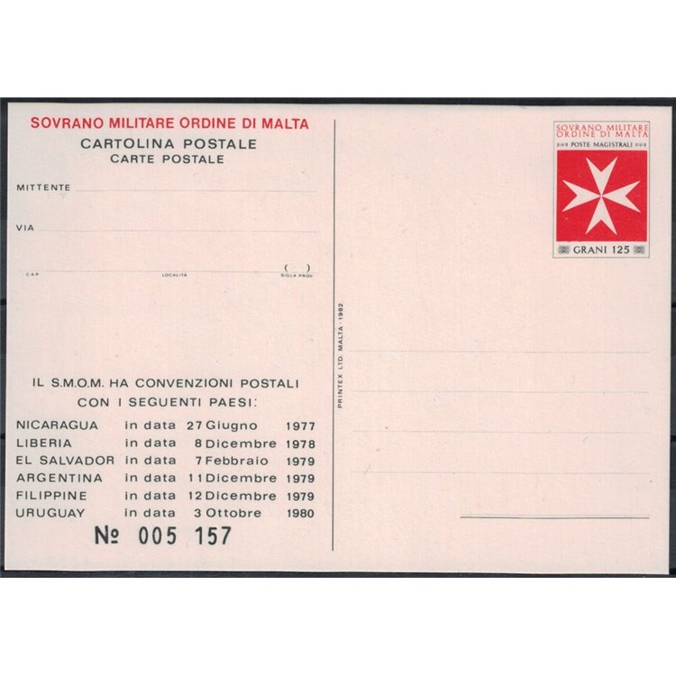 SMOM 1982 Stati convenzionati, Cartolina Postale nuova