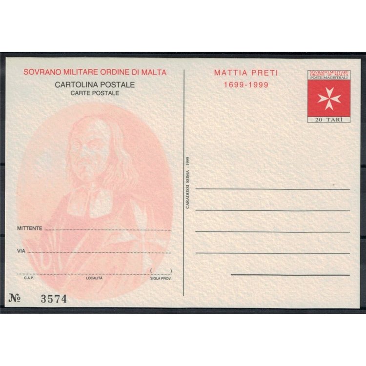 SMOM 1999 Mattia Preti, Cartolina Postale nuova