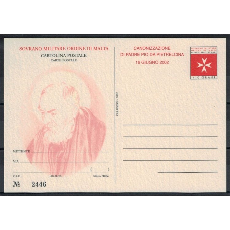 SMOM 2002 Padre Pio, New Postcard