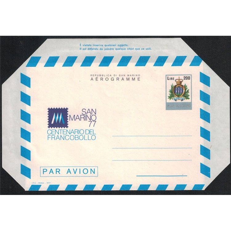 SAN MARINO 1977 Centenario del Francobollo, aerogramma nuovo