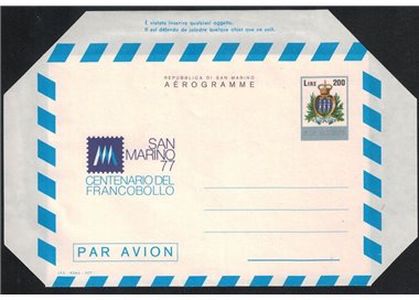 SAN MARINO 1977 Centenary of the Stamp, new aerogram