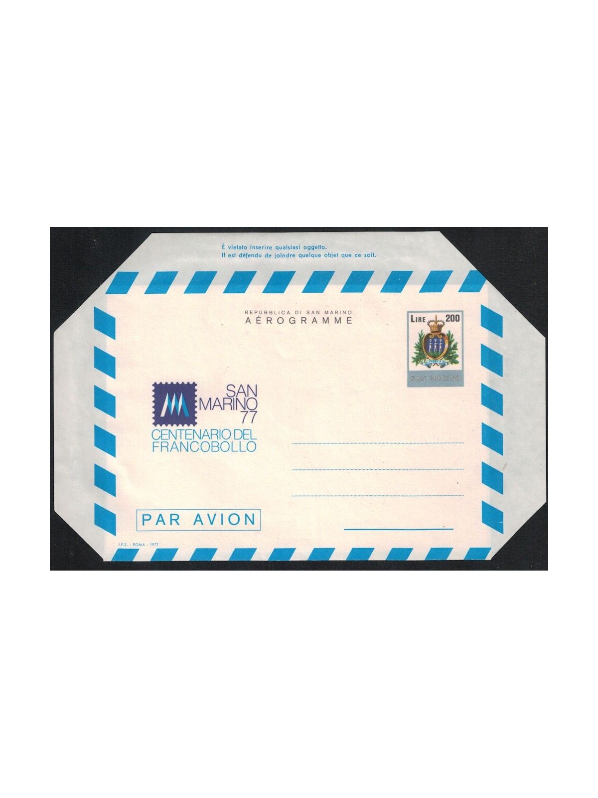 SAN MARINO 1977 Centenary of the Stamp, new aerogram