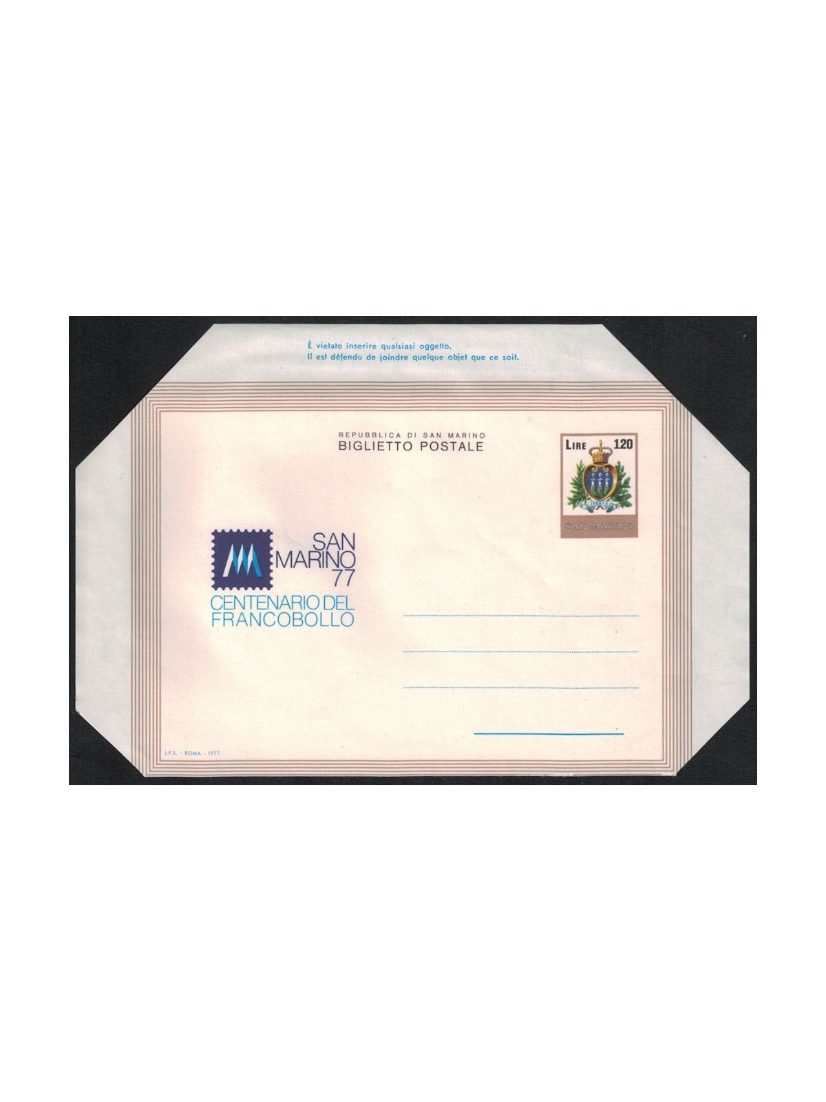 SAN MARINO 1977 Centenario del Francobollo, biglietto postale nuovo