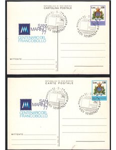 SAN MARINO 1977 Centenary of the Stamp, 2 FDC postcards