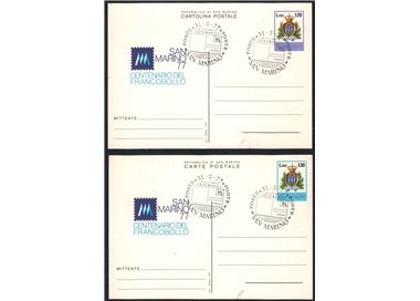 SAN MARINO 1977 Centenario del Francobollo, 2 cartoline postali FDC